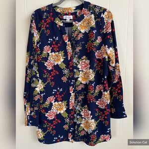 D & Co Blouse Women’s Large Blue Roses Floral Tunic Long Sleeves Cottagecore